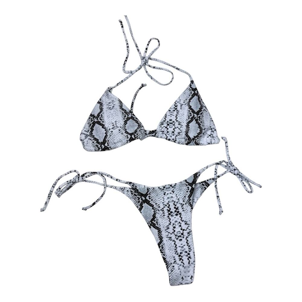 Snake Print Tie-Side Bikini Set in Black & White